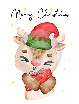 Cute joyful Christmas reindeer animal squeeze wrapped present box, merry christmas, cartoon animal character watercolour hand