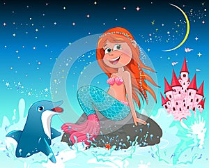 Cute joyful little mermaid and dolphin