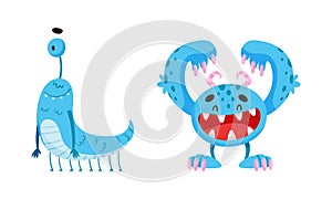 Cute joyful monsters. Happy funny toothy monster and alien cartoon characters vector illustration