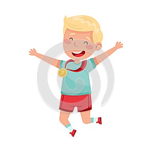 Cute Jumping Boy Winner with Gold Medal Hanging on His Neck Vector Illustration