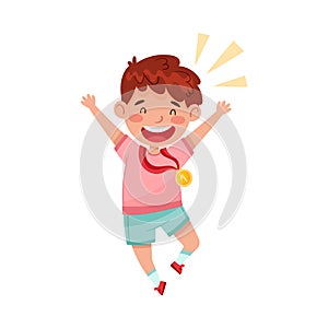 Cute Jumping Boy Winner with Gold Medal Hanging on His Neck Vector Illustration