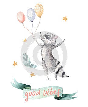 Cute jumping raccoon animal illustration for kids Watercolor boho forest cartoon Birthday patry Balloons invitation