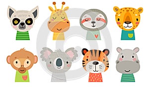 Cute Jungle animal faces. Hand drawn characters. Sweet funny animals