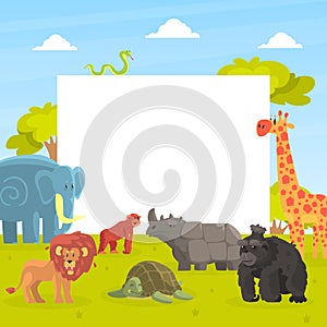 Cute Jungle Animals with White Empty Banner, Giraffe, Elephant, Lion, Monkey, Rhino, Orangutan, Turtle Standing Next to