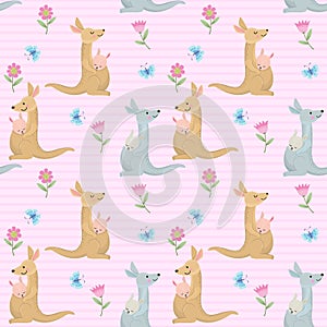 Cute kangaroo mom and baby seamless pattern