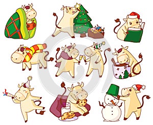 Cute kawai bull new year character symbol icon set