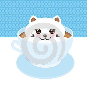 Cute Kawai cat in blue cup of froth art coffee, coffee art isolated on white background. Latte Art 3D. milk foam top on the cup o