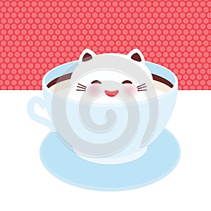 Cute Kawai cat in blue cup of froth art coffee, on white pink polka dot wall background. Latte Art 3D. milk foam top on t