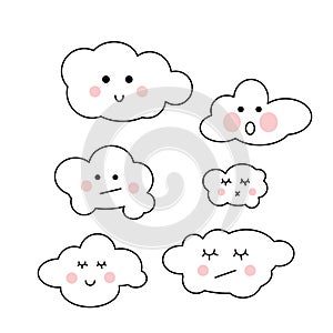 Cute kawai clouds vector set