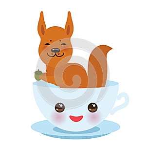 Cute Kawai light blue cup with pink cheeks and eyes with red squirrel isolated on white background. Vector