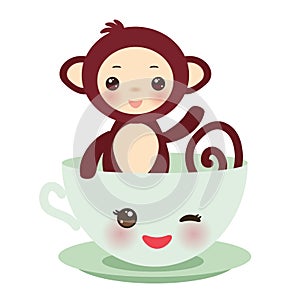 Cute Kawai pink cup with brown monkey isolated on white background. Vector illustration