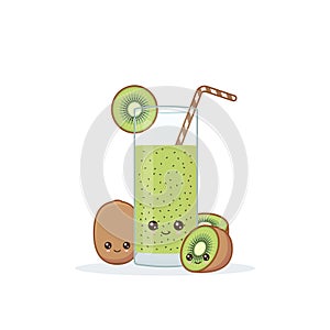 Cute kawai smiling cartoon kiwi juice. Vector