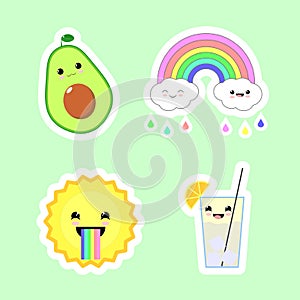 Cute Kawai stickers on a green background. Rainbow with clouds, merry sun, green avocado, glass with ice, cocktail lemonade