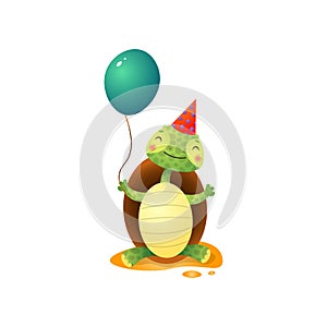 Cute kawai turtle in birthday hat holding balloon in hand isolated on white background