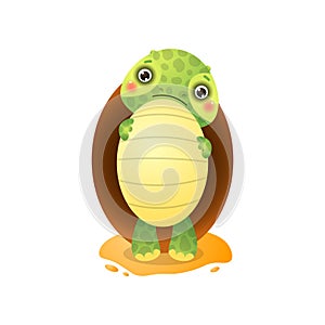 Cute kawai turtle holding big egg in paws isolated on white background