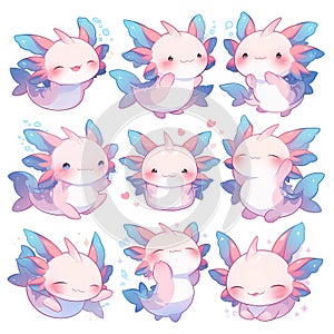 cute kawaii adorable set of pink and blue axolotls for stickers bullet journal pastel colors logo emoji