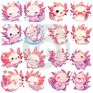 cute kawaii adorable set of pink and white axolotls for stickers bullet journal pastel colors logo emoji