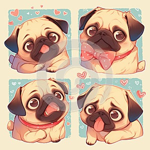 cute kawaii adorable set of selfies pug dog for stickers bullet journal pastel colors logo emoji