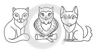 Cute kawaii animals - dog, cat and owl - linear vector set for coloring. Outline. Hand drawing. Cute animals pets for kids colorin photo