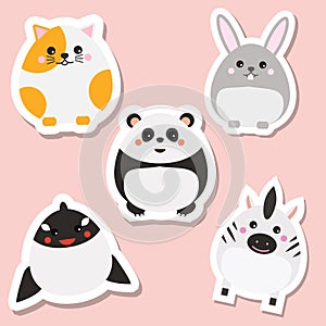 Cute kawaii animals stickers set. Vector illustration. Cat, panda, rabbit, whale