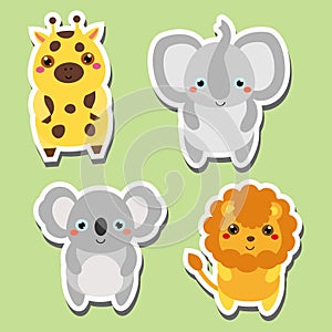 Cute kawaii animals stickers set. Vector illustration. Giraffe, elephant, koala, lion