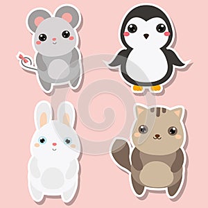 Cute kawaii animals stickers set. Vector illustration. Mouse, penguin, cat, rabbit