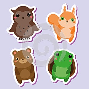 Cute kawaii animals stickers set. Vector illustration. Owl, squirrel bear, turtle
