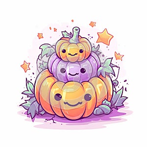 Cute Kawaii Anime Pumpkin Halloween Illustration, Generative AI, Adorable Set of Autumn Season Pumpkins