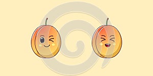 Cute Kawaii Apricot, Cartoon Ripe Fruit. Vector