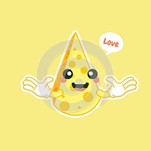 Cute and kawaii awaii cheese character. Funny happy smiling cheese. Flat cartoon character illustration icon. Happy funny asian