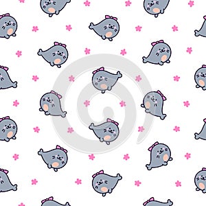 Cute kawaii baby seals. Seamless pattern