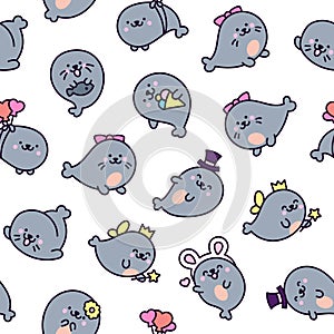 Cute kawaii baby seals. Seamless pattern