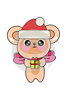 Cute kawaii bear in Santa hat with present. Christmas and New Year decoration.