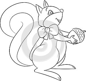 Cute Kawaii black and white squirrel with acorn, in contour, perfect for children`s coloring book