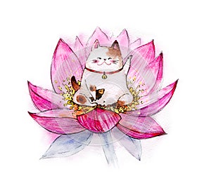 Cute kawaii cartoon maneki cat neko meditating in lotus flower. Watercolor illustration, handmade