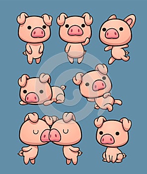 Cute kawaii cartoon pigs in different poses