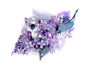 Cute kawaii cartoon siamese cat in a flower of lilac. Watercolor illustration, handmade