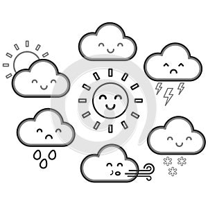 Cute kawaii cartoon weather symbols with faces. Childrens vector illustration of sunshine, clouds, rain, snow, wind and thunder.