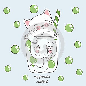 Cute kawaii cat in anime style in a glass of lime cocktail with green bubbles, drawing for childrens menu, cocktail party