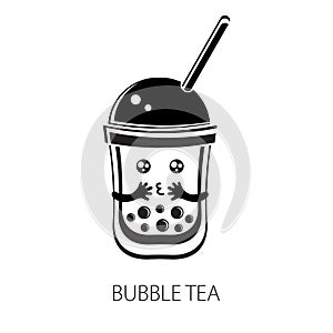 Cute kawaii character black Tapioca pearls. Bubble tea. Cartoon vector illustration of ball tapioca or boba. Boba tea, milk tea,