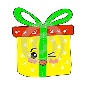Cute kawaii characters, gift box, wrapping holiday ribbon. Isolated Object.