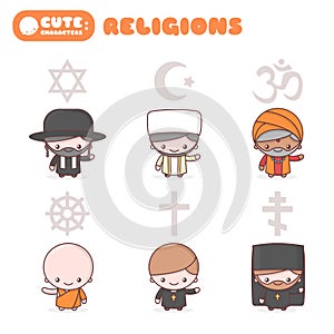 Cute kawaii characters set: People of different religions. Judaism Rabbi. Buddhism Monk. Hinduism Brahman. Catholicism Priest.