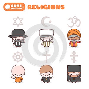 Cute kawaii characters set: People of different religions. Judaism Rabbi. Buddhism Monk. Hinduism Brahman. Catholicism Priest. photo