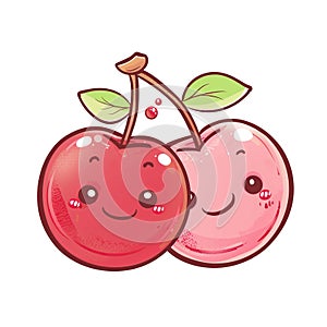 Cute kawaii cherries illustration isolated on white background.