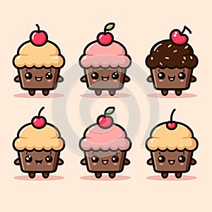Cute kawaii chocolate cupcake character vector illustration. Collection of sweet cupcakes, generative ai