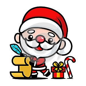 Cute And Kawaii Christmas Santa Claus Cartoon Character With Bag And Present List