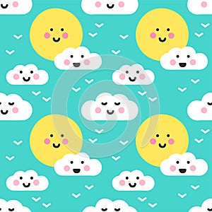 Cute Kawaii Clouds and Sun in the Sky with Funny Faces Seamless pattern