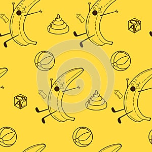 Cute kawaii baby bananas vector seamless pattern on yellow background with accessories