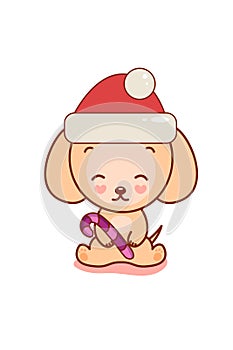 Cute kawaii doggy in Santa hat with candy. Christmas and New Year decoration.