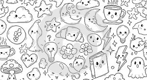 Cute Kawaii Doodle Pattern with Smiling Objects